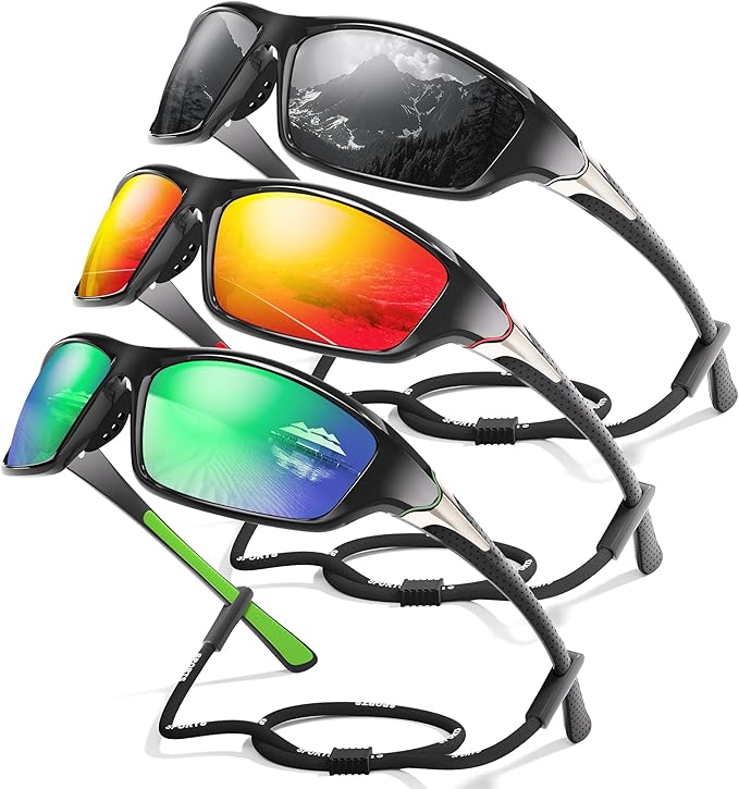 3 Pack Polarized Sports Sunglasses for Men, Mens Sunglasses Wrap Around UV400 Protection for Cycling Fishing Driving