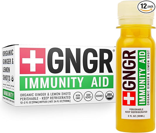 '+GNGR Immunity Aid Organic Ginger and Lemon Shot - Cold Pressed Ginger Shots with Echinacea, Lemon Juice, Honey, Zinc & Vitamin D3, Immune & Digestive Support (2 Oz, Pack of 12)