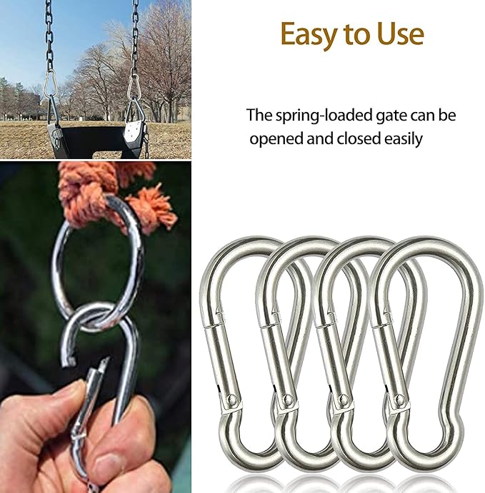 3 Inch Carabiner Spring Snap Hook Steel Clip Link Buckle Heavy Duty 8x80mm 10 Pcs for Outdoor Camping Hiking Hammock Swing, White