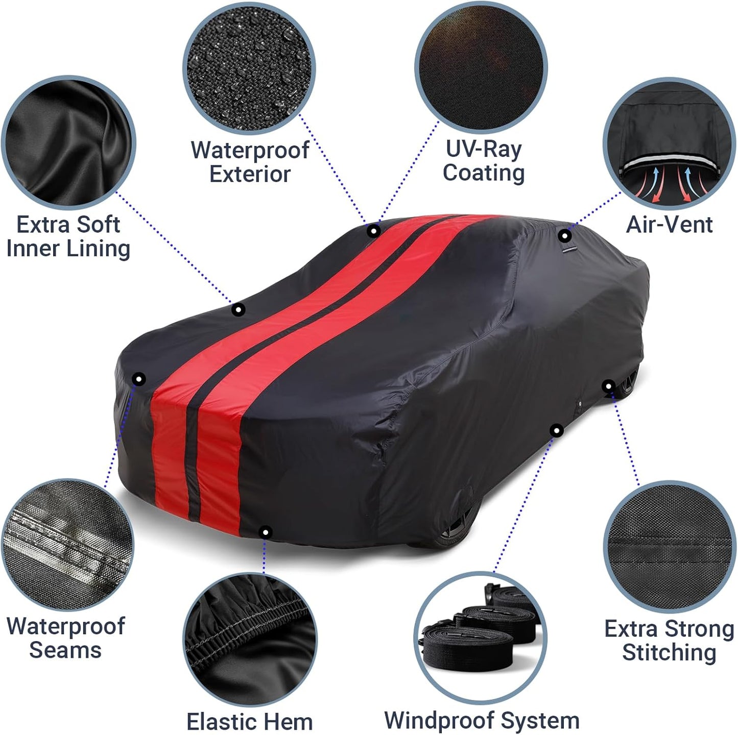 iCarCover Custom Car Cover Compatible with Camaro 1967-1969, Waterproof All Weather Rain Snow UV Sun Protector Full Exterior Indoor Outdoor Car Covers, Stripe (Black/Red)