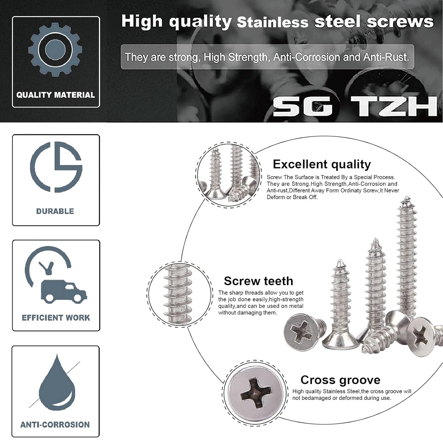 #10 x 1-1/2" Wood Screw 100Pcs 18-8 (304) Stainless Steel Screws Flat Head Phillips Fast Self Tapping Drywall Screws by SG TZH