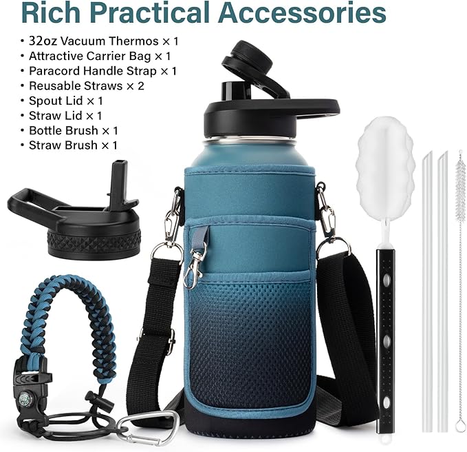 32 oz Insulated Water Bottle | Thickened Stainless Steel Vacuum Metal | Portable Sports Water Jug for Gym and Hiking with Straw, Carrier Bag, Handle Strap | BPA-Free 32 oz