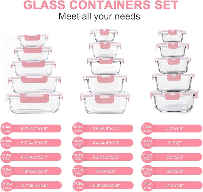 30 Pieces Glass Food Storage Containers Set, Meal Prep Containers Set with Snap Locking Lids, Airtight Glass lunch Containers, Microwave, Oven, Freezer & Dishwasher,Pink