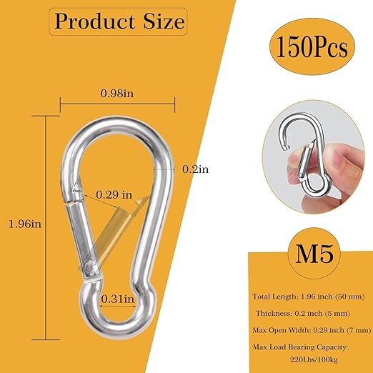 150 Pcs Carabiner Clip Spring Snap Hook, M5 2 Inch Heavy Duty Galvanized Steel Spring Snap Hook, Quick Link Keychain Clip for Keys Swing Set Camping Fishing Hiking Traveling(220 lbs Capacity)