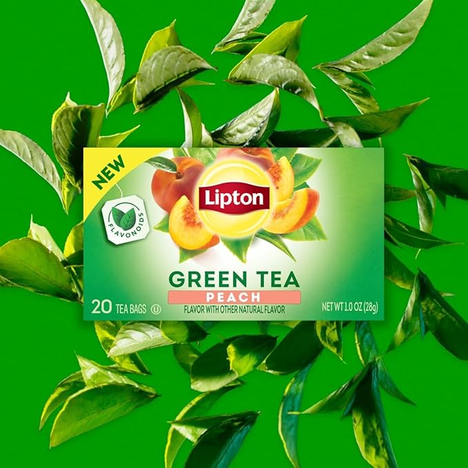 Lipton Peach Green Tea Bags, Flavored, Unsweetened Teabags for Hot Tea or Peach Iced Tea with Caffeine and Flavonoids, 20 Total Tea Bags (Pack of 3)