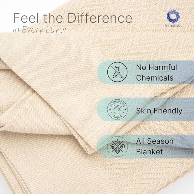 100% Cotton Herringbone Weave Blankets, 66"X90" Twin, Throw Blanket for Bed, All Season Cotton Blanket, Cozy Blanket,Throws & Bed Blanket, Throw Blanket for Couch, Modern Home Decor - Beige
