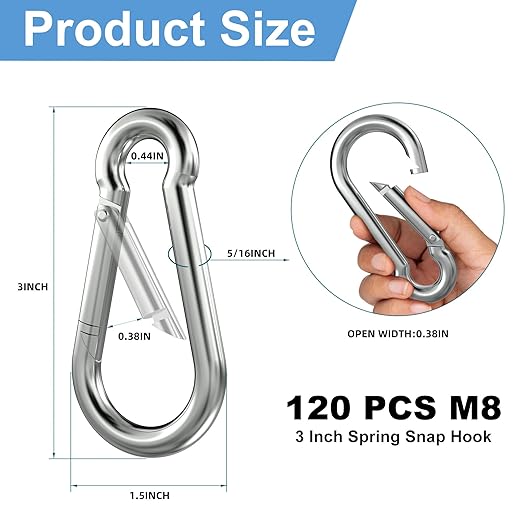 120PCS 3" Spring Snap Hook Carabiners, M8 x 3-1/8inch Heavy Duty Carabiner Clip Galvanized Steel Quick Link Snap Hook, 500LBS Holding Capacity for Swing, Hammock, Hiking, Gym, Travel Camping, Keychain