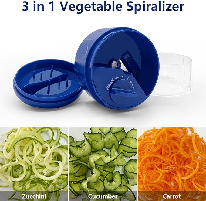 3 in 1 Vegetable Spiralizer Slicer, Adjustable Zucchini Carrot Noodle Maker, Cucumber Spiral Cutter, Easy to Use Kitchen Tool（Blue）