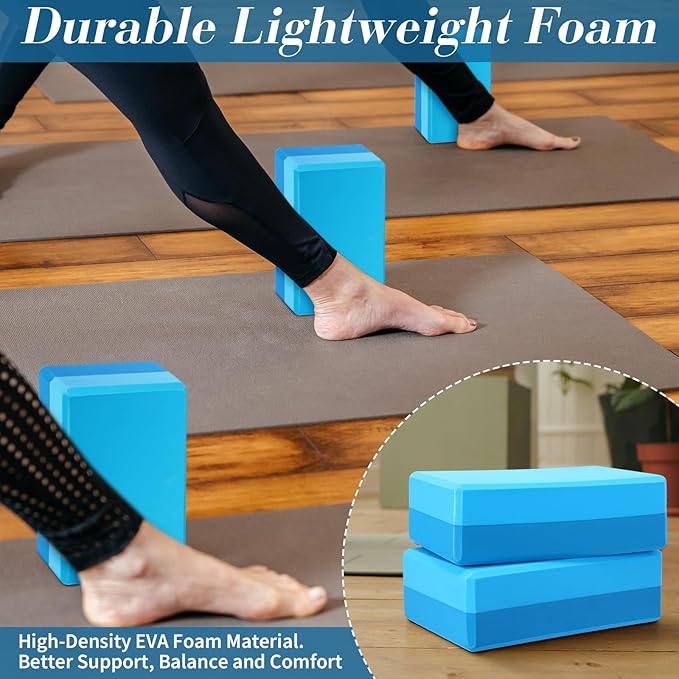 Liliful 10 Pcs Yoga Blocks Bulk Eva Foam Exercise Yoga Brick Soft Non Slip Surface Foam Blocks High Density Yoga Accessories for Workout Stability Balance Deepen Stretches Pilates 9''x6''x3''(Blue)