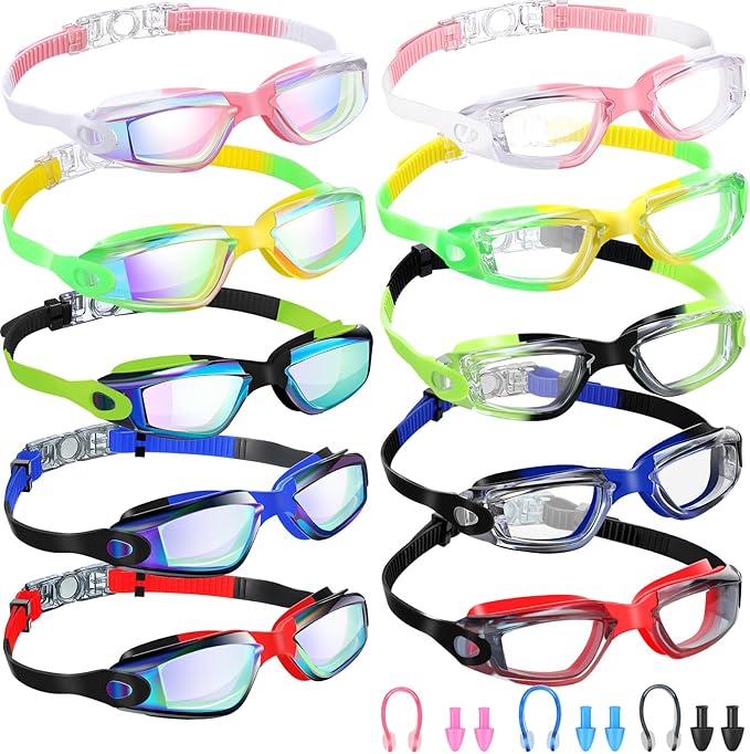 Konohan 10 Pack Swim Goggles Bulk for Kids adult Pool Goggles Anti Fog Silicone No Leak Swimming Glasses for Men Women Youth