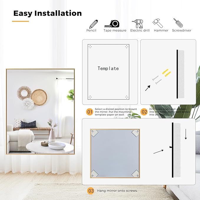 30x48 Inch Orange Gold Bathroom Mirror for Wall, Aluminum Frame Rectangle Rectangular Vanity Mirror, Modern Large for Bedroom, Living Room, Horizontal or Vertical