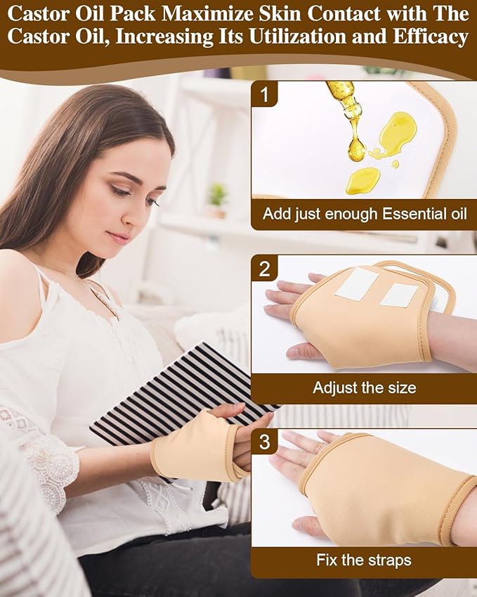 2 Pcs Castor Oil Pack Wrap for Hands, Reusable Organic Cotton Hand Castor Oil Pads, Self Adhesive Adjustable Hand Wraps, Prevent Leakage, Comfort Fit (Khaki)