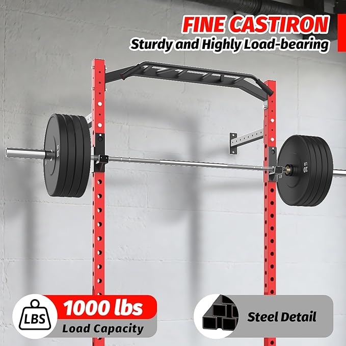 1600LB Wall Mounted Power Rack, Commercial Squat Rack for Home Gym with Multi-Grip Pull Up Bar, j-Cups & Landmine Attachment for Home and Garage Gym