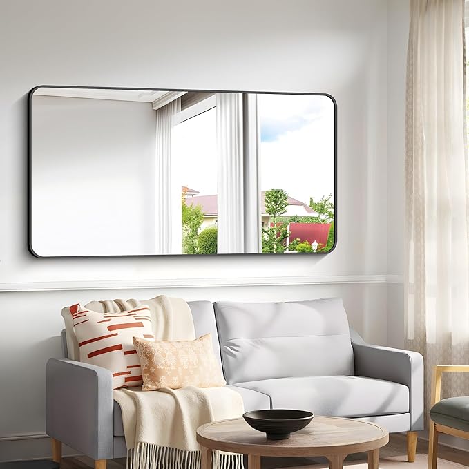 30x60 inch Bathroom Mirror,Black Rectangle Mirror,Wall Mounted Bathroom Frame Vanity Mirror with Round Corner for Bedroom Living Room, Entryway Hangs Horizontal or Vertical