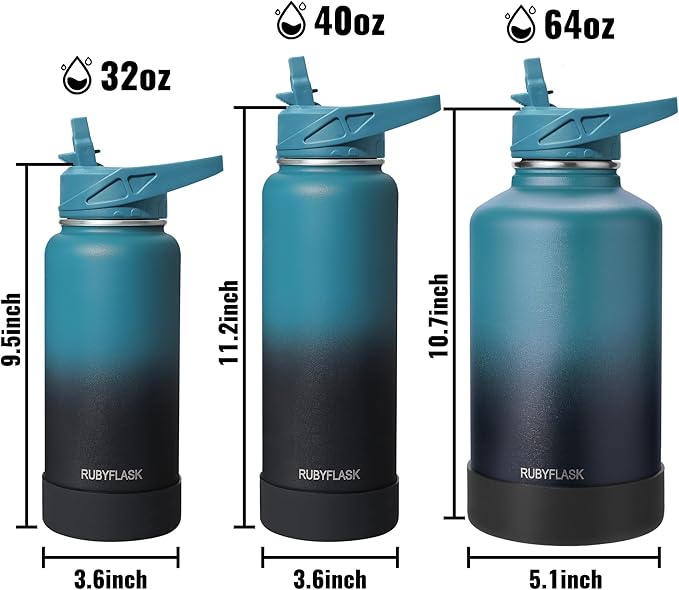32oz Insulated Water Bottle with Straw, Stainless Steel Metal Vacuum Water Flask, Large Thermal Water bottle with Leakproof 3 Lids for Travel, Camping, Gym Sports Dark Rainbow