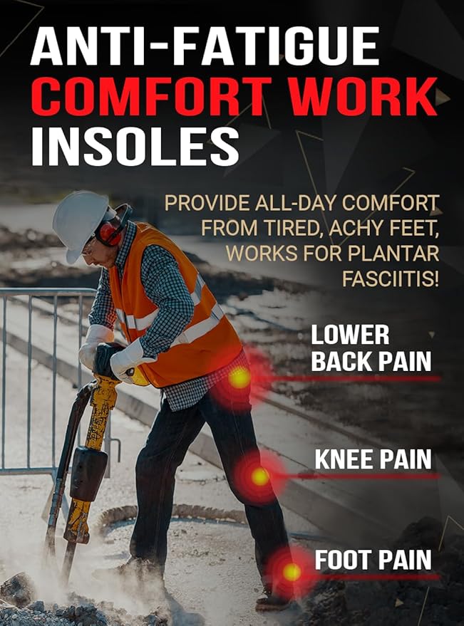 2 Pairs of Work Pro Comfort Insoles - Foot Pain Relief - Cushioning and Shock Absorption - Work Boot Insoles for Men Women - Non-Slip Anti Fatigue Inserts (L, 2-Pairs-Black)