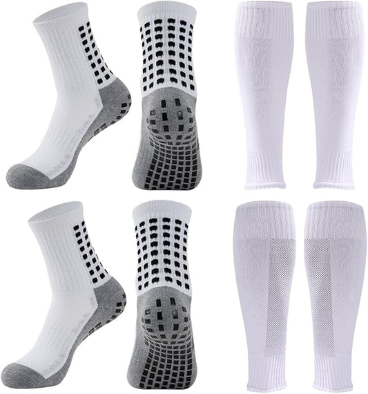 2 Set Anti-Slip Grip Soccer Socks with Shin Guard Sleeves, Sports Athletic Socks for Men Women