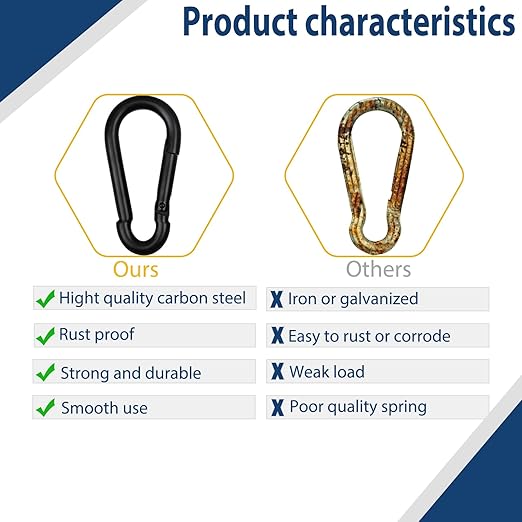 100Pcs 3" Heavy Duty Spring Snap Hook Carabiners, M8 5/16" Galvanized Steel Black Carabiner Clip, Quick Link Keychain for Hammock Swing Set Outdoor Travel Camping Fishing Hiking