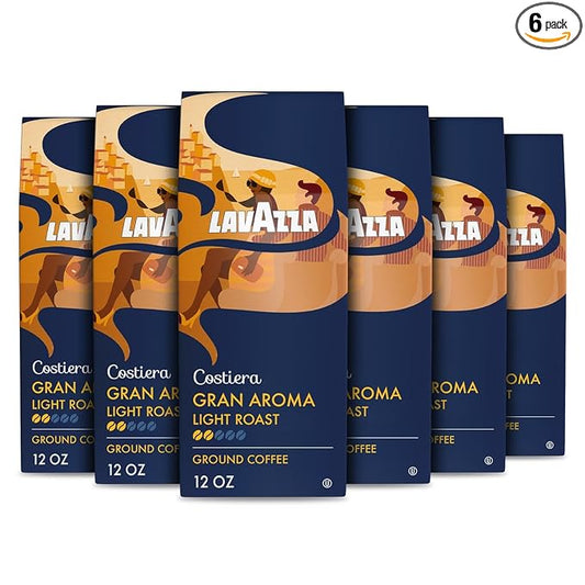 Lavazza Costiera Gran Aroma Ground Coffee 6 Bags of 12oz, Light Roast, Smooth and Aromatic Taste, Intensity 2/5, 100% Arabica, Ideal for Drip Brewers, (Pack of 6) - Package May Vary