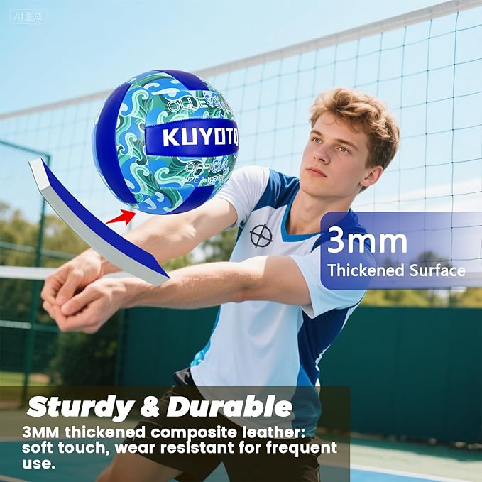 KUYOTQ Official Size 5 in&Outdoor Beach Volleyball,3MM Thickened Surface Soft Leather Youth Womens Mens Volleyball for Game Gym Training(Deflated) (Blue-Wave)