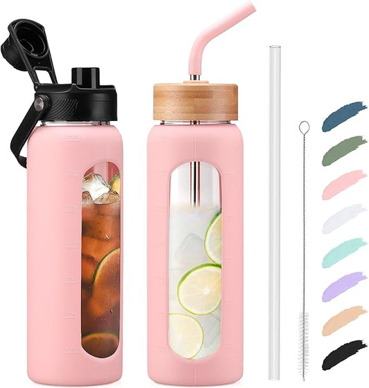 Kodrine Water Bottle with Straw, 24 oz Glass water Bottle with 2 Lids Bamboo Straw Lid and Spout Lid with Handle, 32 oz Clear Water Bottle Glass for Sports Travel, Waterbottle with Time Marker