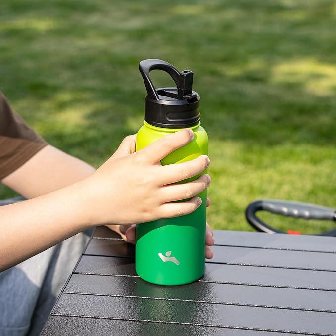 32 oz Insulated Water Bottle Stainless Steel Sport Bottles with 3 Lids,Bamboo Grove