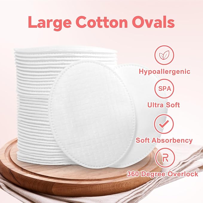 Large Oval Cotton Pads, 80 Count, Multi-Layer, Lint-Free, Dual-Sided, Ultra-Soft Cotton Oval Pads for Makeup Removal, Cleansing, and Toner Application