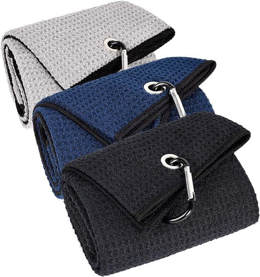 3 Pack Large Golf Towels, 16" x 24" Tri-Fold Portable Microfiber Fabric Waffle Pattern Golf Towel for Golf Bag with Carabiner Clip to Quickly Remove Sand, Mud, Dirt and Sweat