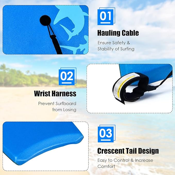 KOTEK 33/37/41 Inch Body Board with Wrist Leash, EPS Core, Dual Channel, HDPE Slick Bottom, Bodyboard for All Skill Levels & Wave Conditions