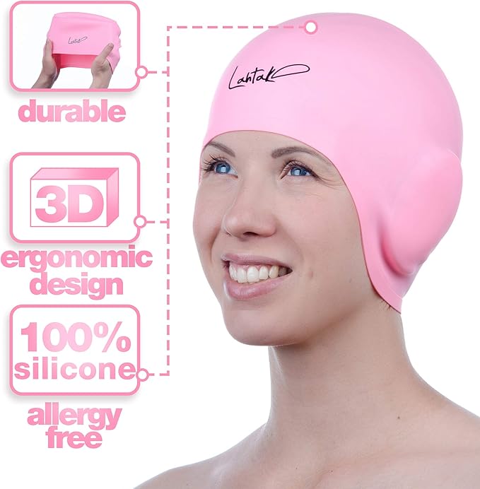 3D Swim Caps - Ear Protection Swimming Cap for Women & Men - Silicone, Waterproof - Fits Long & Short Hair - Adult & Youth