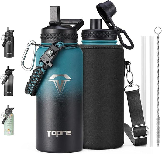32oz Insulated Water Bottle,Stainless Steel Vacuum Water Bottle, BPA-Free & Leakproof -with Paracord Handle,Strap,Straw Spout Lids,Large Water Jug for Gym Sports