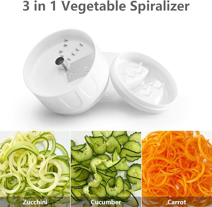 3 in 1 Vegetable Spiralizer Slicer, Adjustable Zucchini Carrot Noodle Maker, Cucumber Spiral Cutter, Easy to Use Kitchen Tool（White）