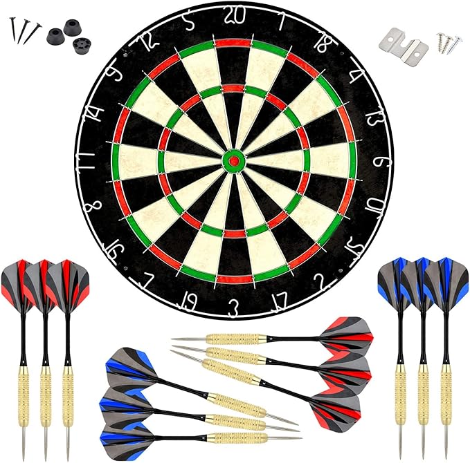 LinkVisions Dartboard with Staple-Free Bullseye, 18g Steel Tip Darts Set,12 Steel Tip Darts 18g, Dartboard Mounting Kits Included