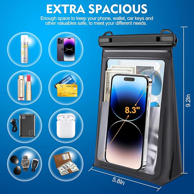 Large Floating Waterproof Phone Pouch [with Sealing Strip], Cell Phone Dry Bag for iPhone 16 15 14 13 12 Pro Max Galaxy Google All Devices, Float Waterproof Bag for Beach Vacation
