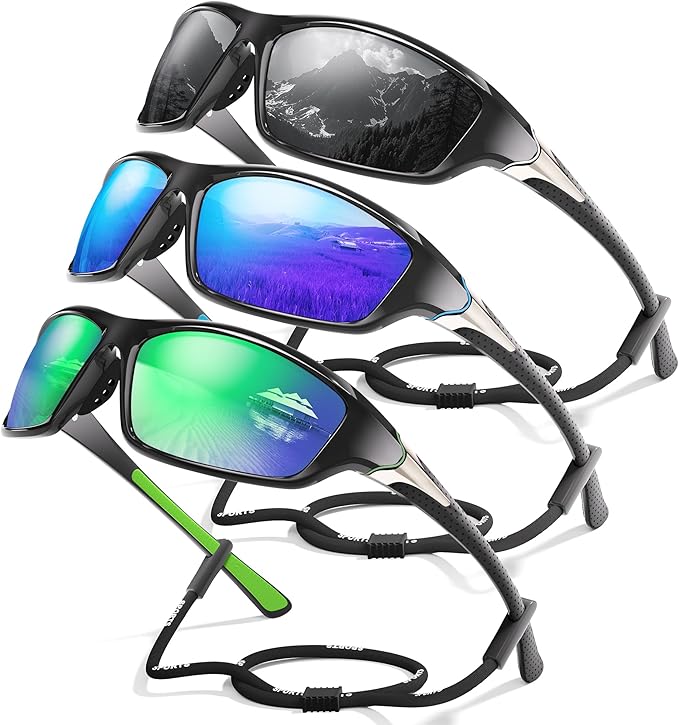 3 Pack Polarized Sports Sunglasses for Men, Mens Sunglasses Wrap Around UV400 Protection for Cycling Fishing Driving