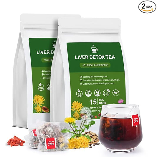 Liver Detox Tea, Chinese Natural Kidney and Liver Cleanse Detox Herbal Tea Support Healthy Kidney Function with 11 Precious Ingredients Formula (30 Bags/2 Pack)