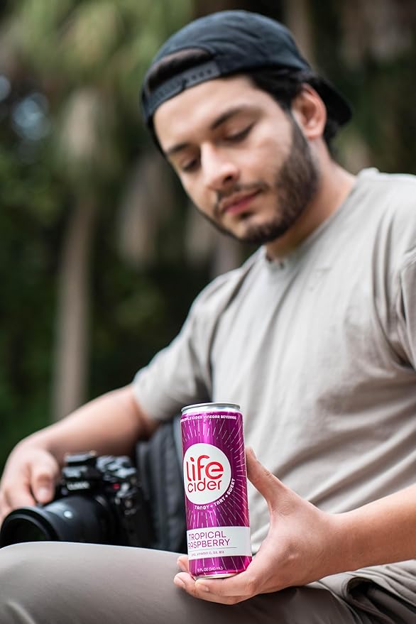 Life Cider | 12 Pack (12 Fl Oz) | Tropical Raspberry | Sparkling Apple Cider Vinegar Beverage | Digestive Health & Immunity Benefits | Low Calorie & Low Carb Drinks | Vitamins C, D3, Zinc, B12