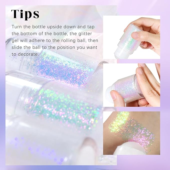 2 Colors Roll-on Body Glitter Gel, Holographic Glitter Gel Under Light for Face Hair, Body Shimmer for Rave Accessories Christmas New Year Halloween Makeup (8+11)