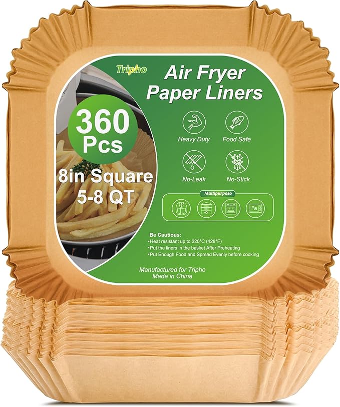 360 Pcs 8” Square Unbleached Heavy Duty Air Fryer Paper Liners Disposable, Non-Stick & Non-Leak Parchment Paper Liners for Airfryer Basket, Deep Fryer Parts & Accessories