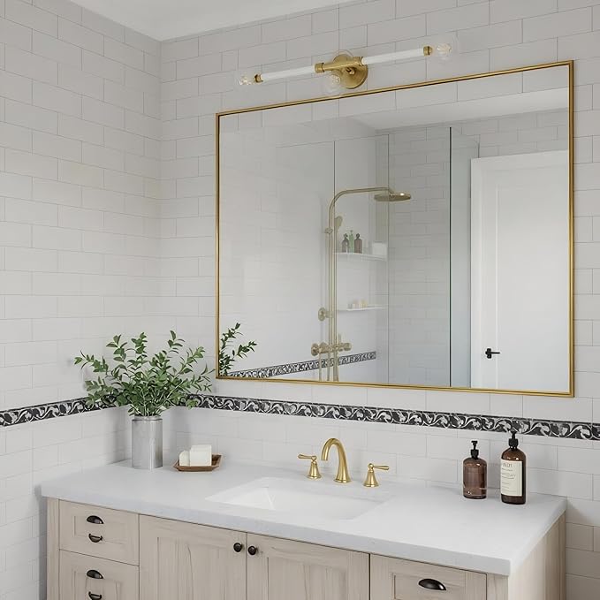 24x36 Inch Brass Bathroom Mirror for Wall, Aluminum Frame Rectangle Rectangular Vanity Mirror, Modern Large for Bedroom, Living Room, Horizontal or Vertical