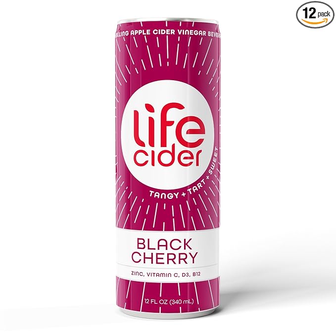 Life Cider | 12 Pack (12 Fl Oz) | Black Cherry | Sparkling Apple Cider Vinegar Beverage | Aids Digestion & Immune System | Vitamin C, D3, Zinc, B12