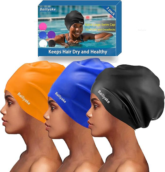 3 Pack Extra Large Swim Cap for Braids & Dreadlocks - Waterproof Silicone Swim Hat for Women with Long Thick Hair, Protective Swim Cap Cover Ears for Swimming, Shower, Bathing