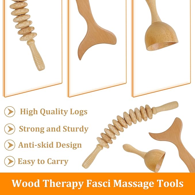 Liitrton Wood Therapy Fasci Massage Tools Curved Wooden Massage Roller Cellulite Reduction and Muscle Tension (Wood 3-in-1)