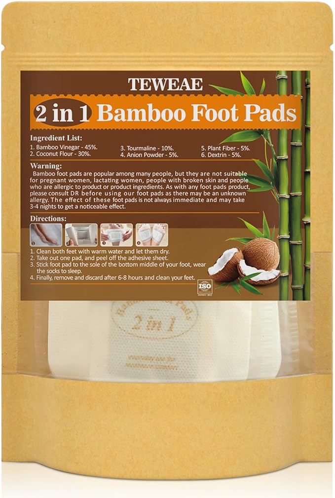 2 in 1 Foot Pads, Tear and Use Pure Bamboo Vinegar Coconut Foot Pads, Bigger Adhesive ''Stay in Place'' Goodnight Pads (10Pads)