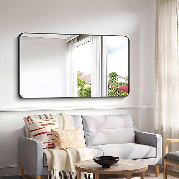 30x55 inch Bathroom Mirror,Black Rectangle Mirror,Wall Mounted Bathroom Frame Vanity Mirror with Round Corner for Bedroom Living Room, Entryway Hangs Horizontal or Vertical