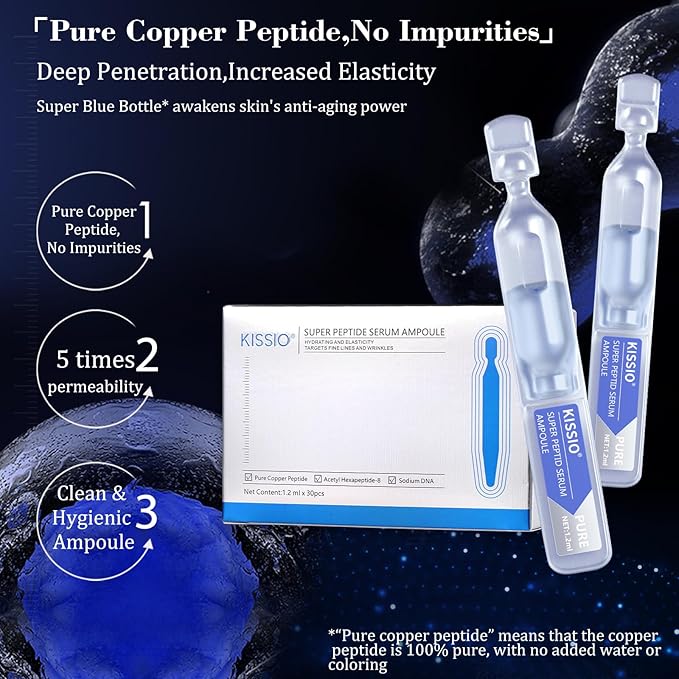 KISSIO Super Peptid Serum Ampoule,Face Serum with Copper Tripeptides,Collagen and Peptides,Hydration and Elasticity,Rejuvenating Facial Serum for Fine Lines and Wrinkles,Makeup Base,30 Ampoule
