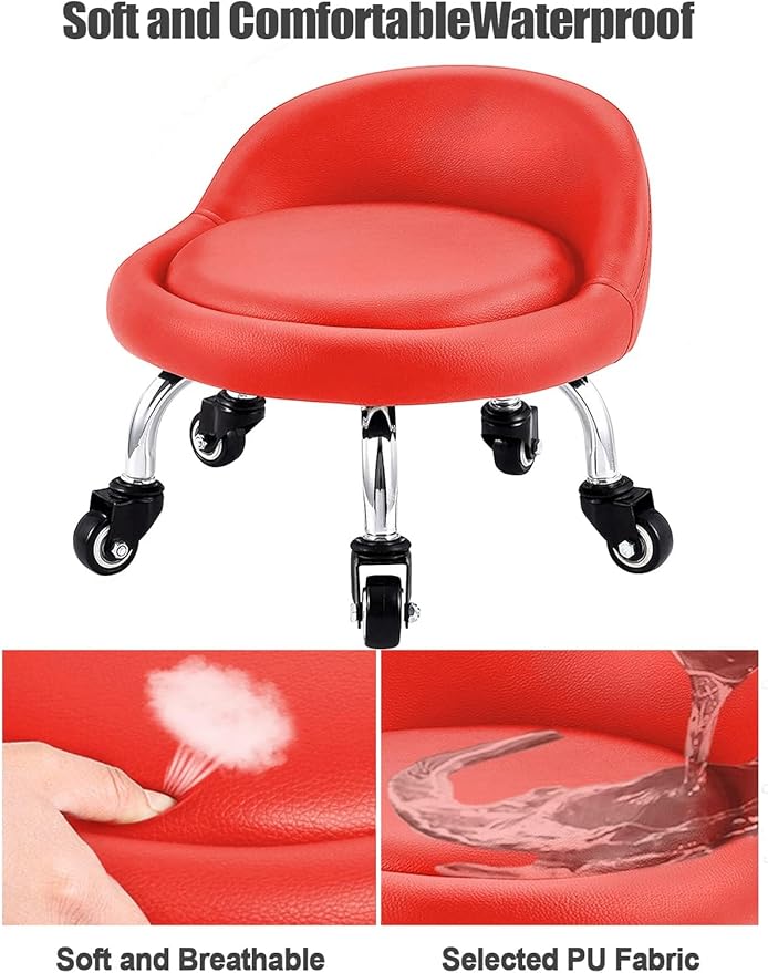 Lanstics Low Rolling Stool with Leather Roller Seat and Backrest - Universal Wheels for Home Office and Fitness (Red)