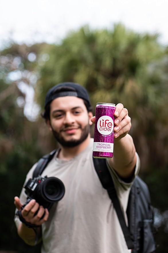 Life Cider | 12 Pack (12 Fl Oz) | Tropical Raspberry | Sparkling Apple Cider Vinegar Beverage | Digestive Health & Immunity Benefits | Low Calorie & Low Carb Drinks | Vitamins C, D3, Zinc, B12