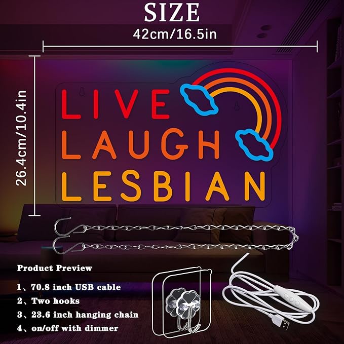 Live Laugh Lesbian Neon Sign Lesbian Neon Light Rainbow LED Neon Lights Gay Pride Day LED Neon Lights for Gay Lesbian Bar Bedroom Store Decoration