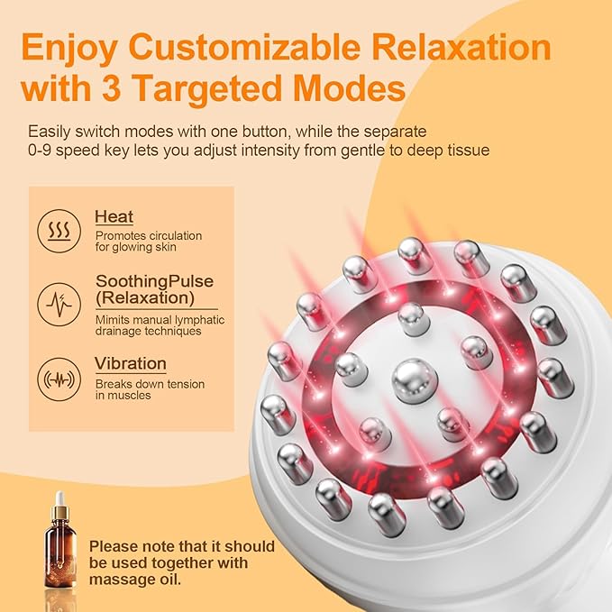 3-in-1 Handheld Lymphatic Drainage Massager with Red Light, Heat & Vibration - Cordless Anti Cellulite Massage Tool for Body Relaxation, 3 Modes & 9 Speeds for Belly, Legs, Thighs